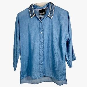 Nanette Lepore Chambray Denim Shirt  Sz S Pearls Embellished 3/4 Sleeve Collared